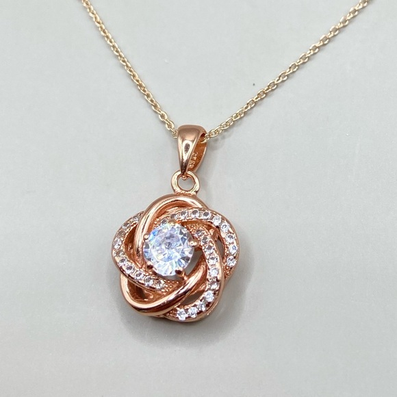 Rose Gold Cubic Zirconia Floral Pendant Necklace - Picture 2 of 6